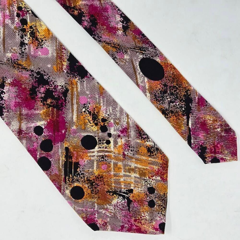 ALTEA MILANO ITALY SILK TIE ORANGE PINK BLACK ABSTRACT SPLATTER 3.75" X 57"